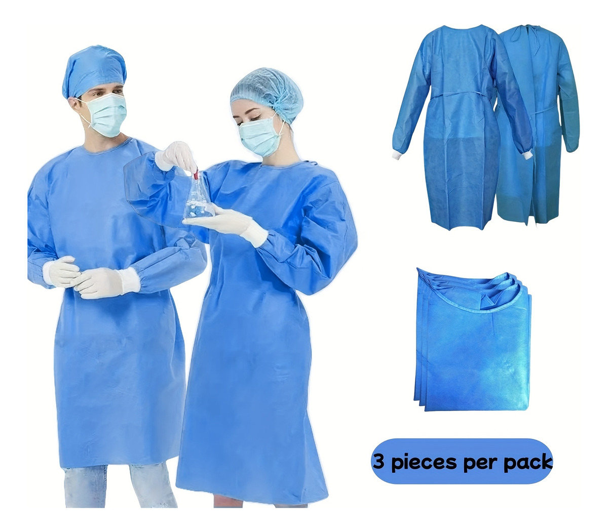 Medical Lab Design - 3枚組 45gsm SMS三層複合不織布使い捨て隔離ガウン、腰と首に結ぶデザインの使い捨て隔離ドレス